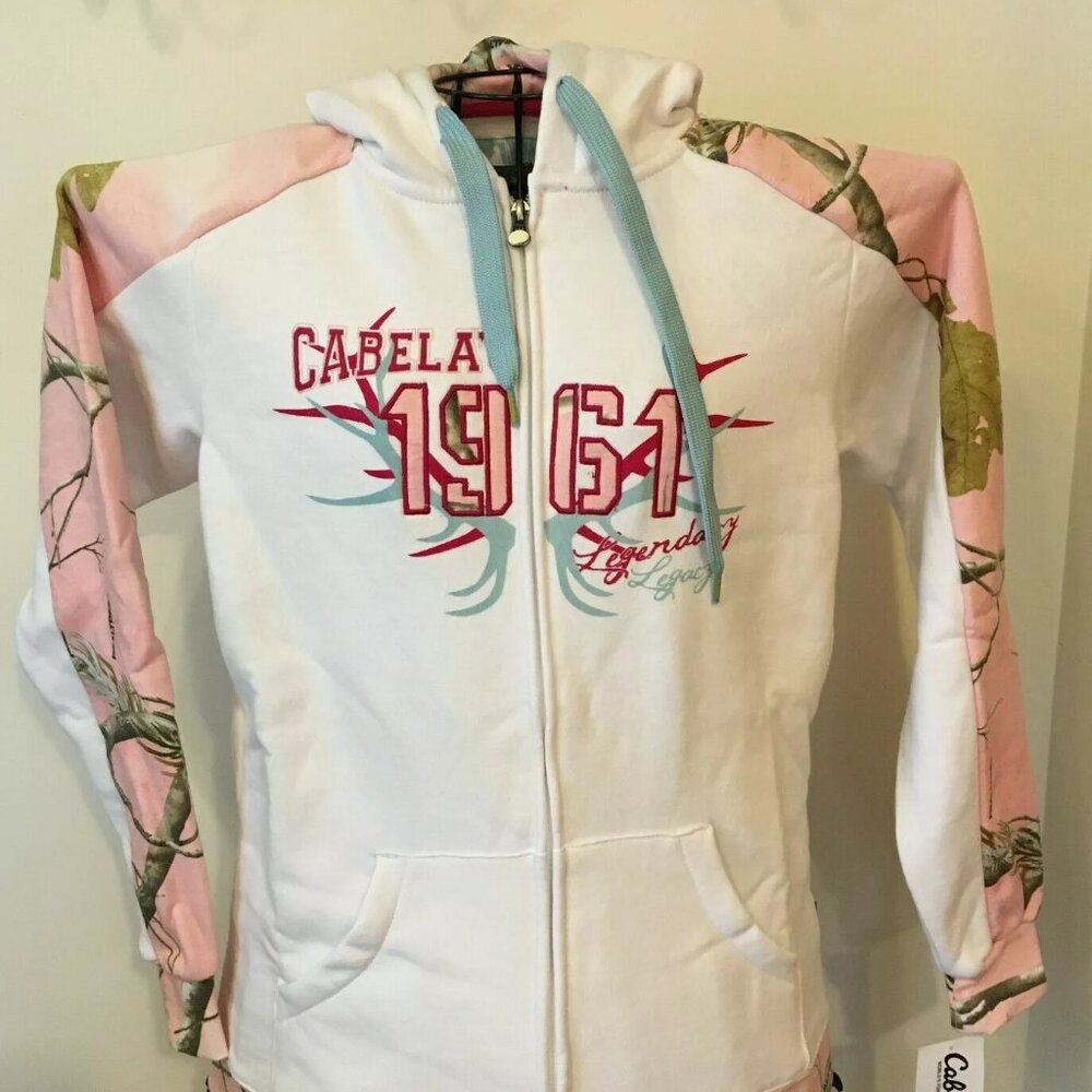 Women's Pink & White Realtree Camo Hoodie Sweatshirt Full Zip Cabela's NWT $50
